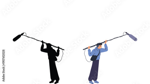 Microphone boom operators working on film sets with professional audio equipment