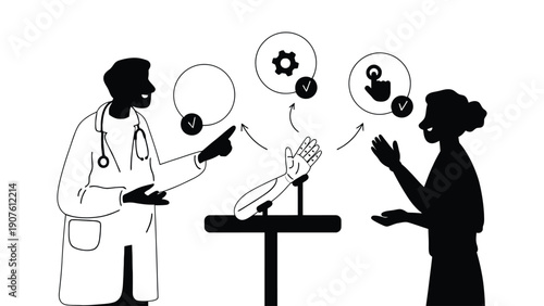 Prosthetic limb designer discussing custom prosthetic arm with patient in clinic