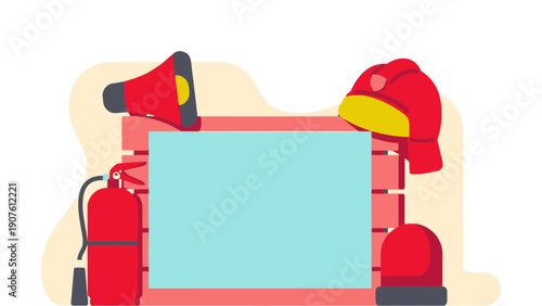 Firefighter equipment vector illustration with blank sign and safety tools