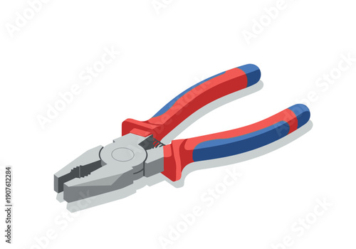 Pliers with red and blue handles on a clean surface viewed from above.