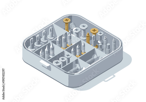 Isometric view of a gray toolbox with various tools and parts arranged inside on a white surface