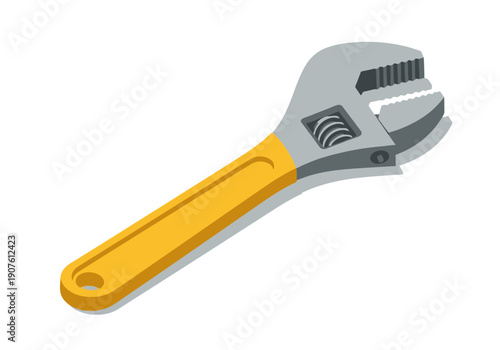 An adjustable wrench lies on a white surface viewed from above with a yellow handle