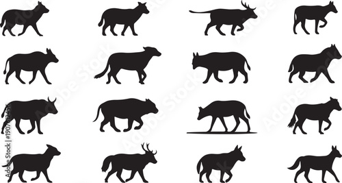Collection of various animal silhouettes walking in profile view