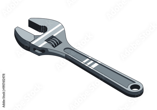 An adjustable wrench lies on a plain surface viewed from a slight angle