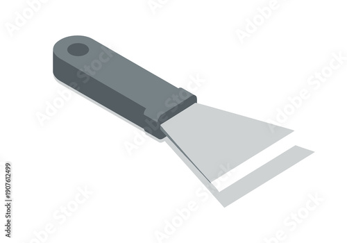 A putty knife with a gray handle and metal blade is viewed from above on a plain background.
