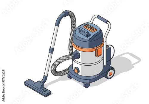 A detailed illustration of a vacuum cleaner on wheels with hose and handle