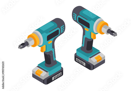 Two cordless power drills standing upright on their charging bases with visible battery packs and drill bits attached