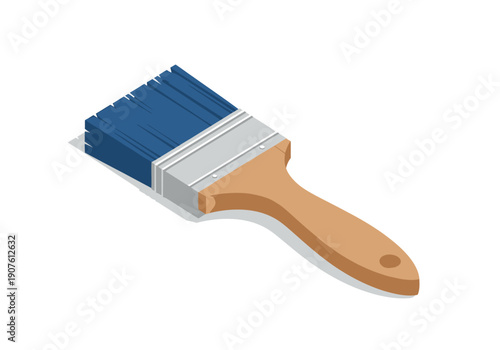 Paintbrush with blue bristles and wooden handle on a plain background viewed from an angle