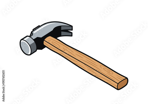 A detailed illustration of a hammer with a wooden handle and metal head on a plain white background from a diagonal viewpoint