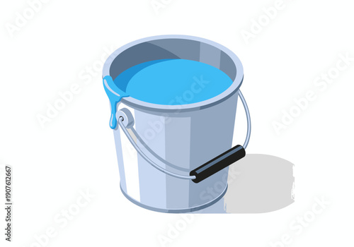 A blue liquid filled metal bucket with a handle casting a shadow on a neutral background from a slightly elevated viewpoint