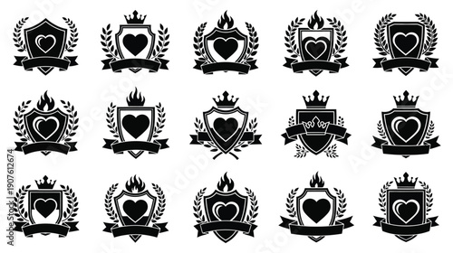 Collection of black and white heraldic shield emblems featuring hearts, crowns, laurels, and banners for vector design use