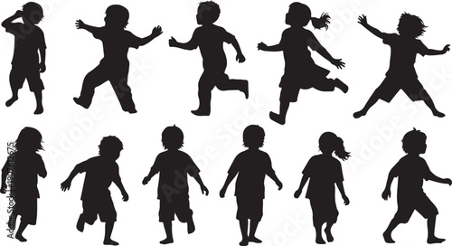 Silhouettes of children playing and running in various poses