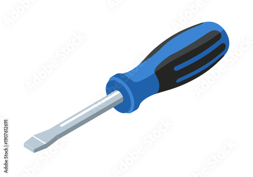 Illustration of a blue-handled screwdriver on a white background from a top-down viewpoint