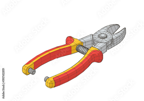 Red and yellow pliers grip object tightly on white background