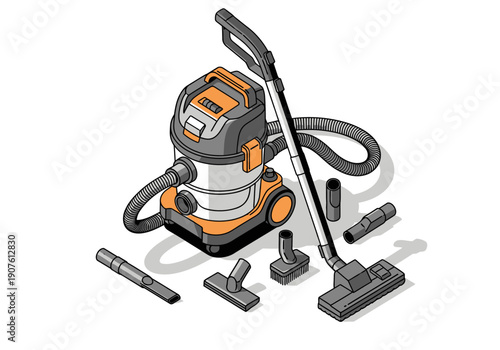 A versatile vacuum cleaner with various attachments for cleaning different surfaces and areas effectively from a front viewpoint