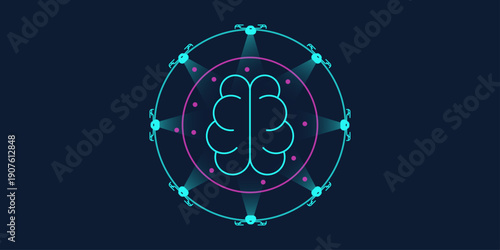 Central brain icon with circuit patterns surrounded by scanning drones neutralizing red threats. Futuristic cyan and magenta neon tech illustration in a wide dynamic composition.