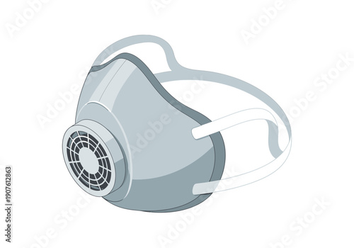 Illustration of a gray face mask with filter on a neutral background from a side viewpoint