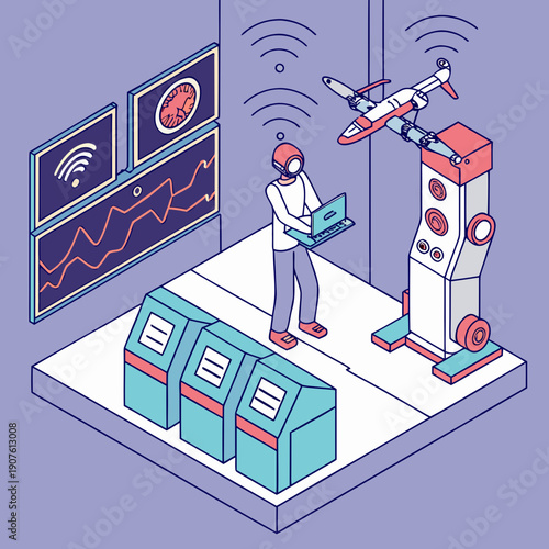 AI controlled drone system operated by a technician with data displays