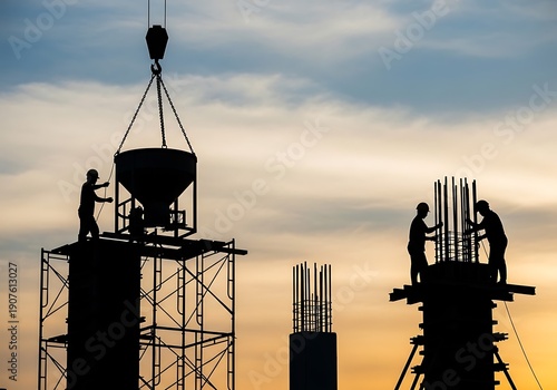 Construction workers building with concrete at sunset