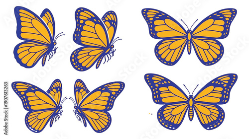 Collection of stylized monarch butterfly illustrations featuring vibrant yellow and deep blue contrasting colors in various flight poses and perspectives.