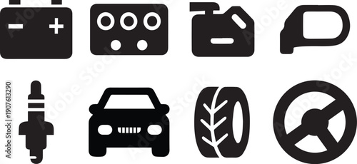 Car Parts Icons Set Automotive Black Vector Symbols