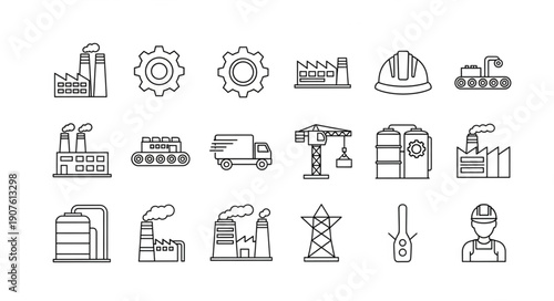 Industrial Icons Set Factory Gear Truck Crane Helmet.
