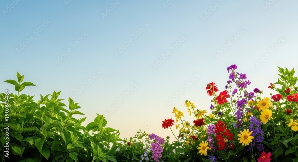 Obraz premium Vibrant natural springtime transition to summer, featuring lush green foliage and bright floral blooms under clear skies. Ideal for seasonal design elements, May, garden, nature