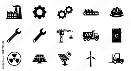 Industrial icons collection for manufacturing and energy sectors.