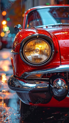 Wallpaper Mural Close-up of a vintage, bright red car's front with a round headlight gleaming in city lights reflected on wet street Torontodigital.ca