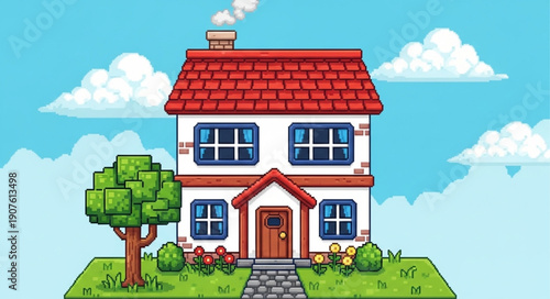 Pixel Art House With Tree And Flowers Under Blue Sky.