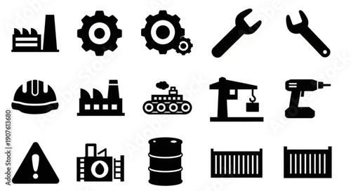 Industrial Icons Set Factory Gear Wrench Hard Hat Crane Drill.