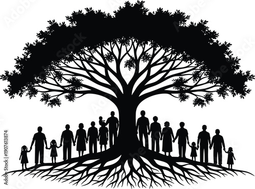 Family tree silhouette illustration, genealogy heritage vector, generational roots artwork, ancestry lineage design, people community graphic, family history connection art