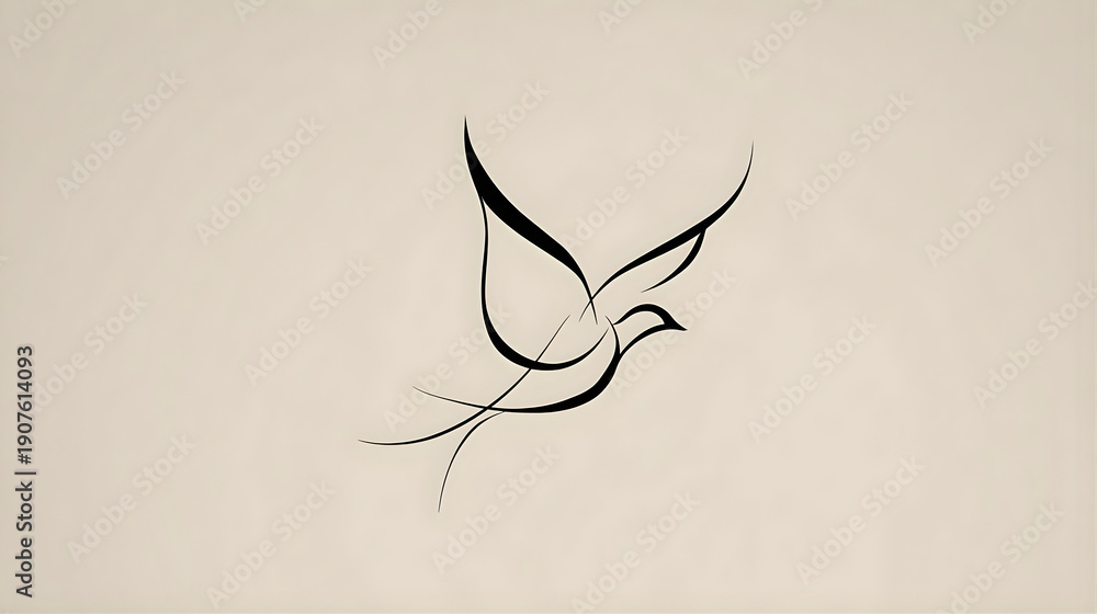 Fototapeta premium Minimalist black and white illustration of a bird in flight with elegant lines and simple design on neutral background