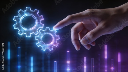 Human hand interacting with glowing digital gears and data interface,representing artificial intelligence,automation,innovation,system integration,and futuristic technology workflow concepts