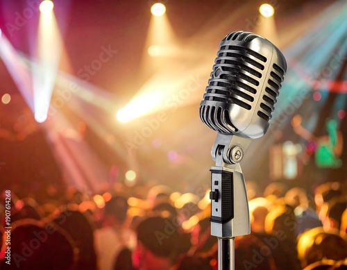 Wallpaper Mural Close-up of a vintage chrome microphone on a stand, illuminated by stage lights. A blurred crowd is visible in the background Torontodigital.ca