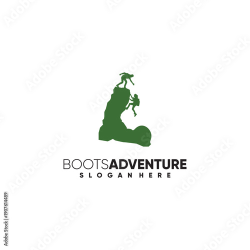 Boot adventure logo, illustration of a rock climber. Boot symbol,