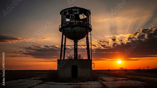 Abandoned Rusty Water Tower Silhouette Against Dramatic Orange Sunset Sky with Sun Rays
