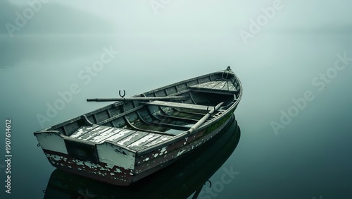 Abandoned Rowboat Floating on Still Water with Reflections and Oars