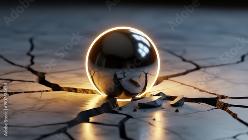 Abstract glowing dark sphere cracking a light marble surface, revealing warm light from deep fissures.