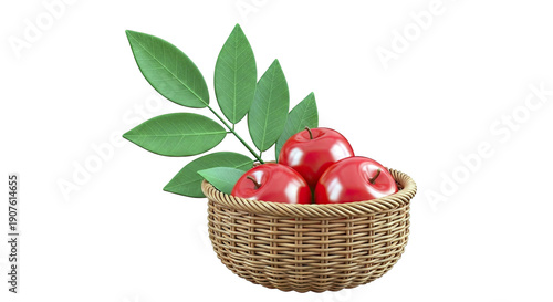 Red Apples in Woven Basket with Green Leaves
