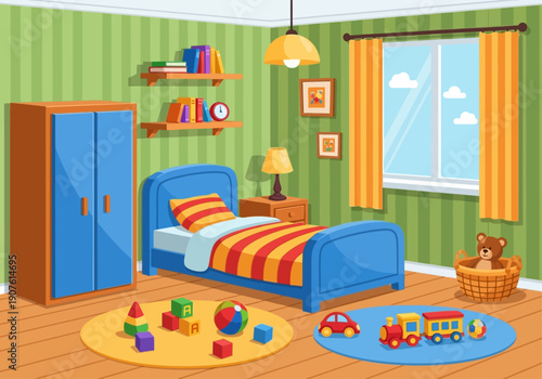 Colorful Kids Bedroom Illustration with Toys and Cute Cartoon Interior Design