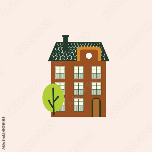 Stylized flat design vector illustration of a traditional residential house with a green tree, perfect for property, home, or neighborhood concepts
