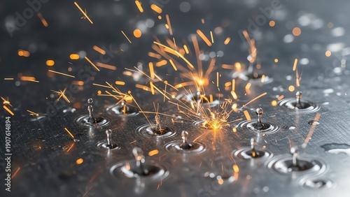 Bright orange sparks erupting from a wet metallic surface with water droplets, industrial process