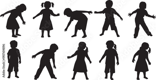 Silhouettes of children dancing in various playful poses together