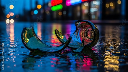 Broken Glass on Wet Surface with City Lights Reflection