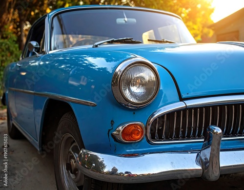 Wallpaper Mural Close-up of a vintage light blue coupe, its chrome bumper and headlight reflecting sunlight. Parked on a gravel road Torontodigital.ca