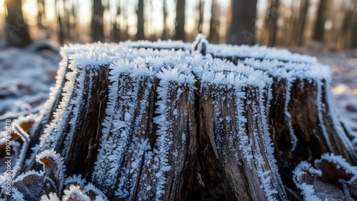 Close-up of a tree stump covered in delicate hoarfrost crystals in a winter forest at sunrise