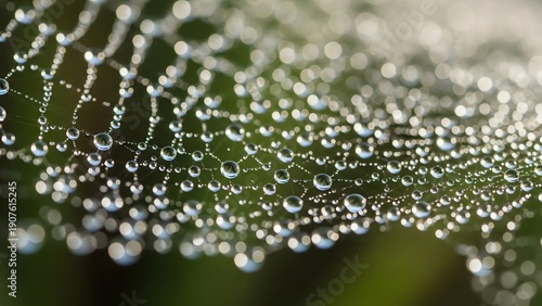 Delicate Spiderweb with Water Droplets, Macro Nature Scene.