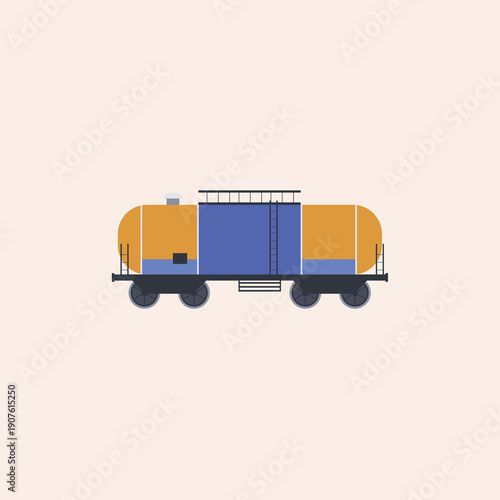 Modern flat vector icon of a bright yellow and blue train tank car, symbolizing efficient industrial freight transport and bulk liquid cargo delivery across railroad networks
