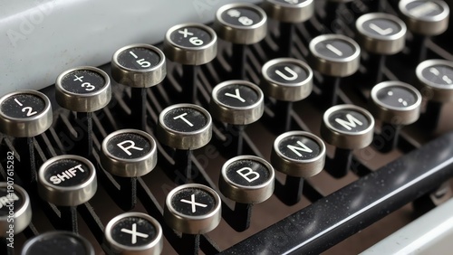 Detailed close-up of a vintage manual typewriter keyboard with dusty round black keys and metal rims.